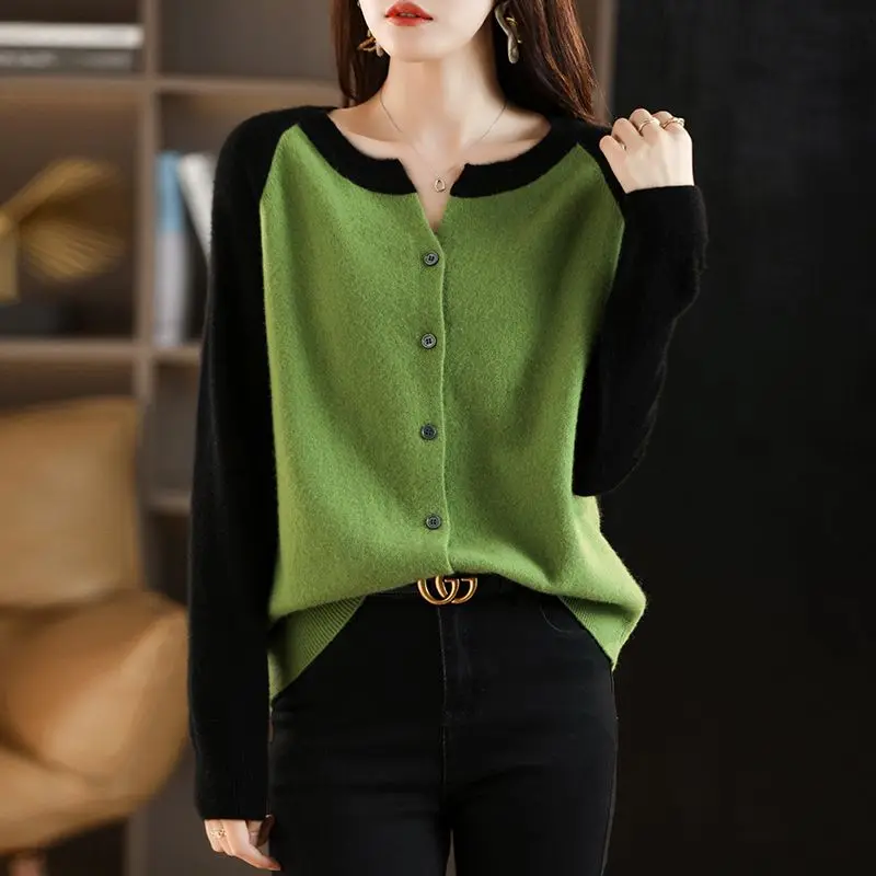 Spring and Autumn Women\'s Round Neck Color Block Screw Thread Cardigan Loose Knitted Casual Fashion Elegant Long Sleeve Tops