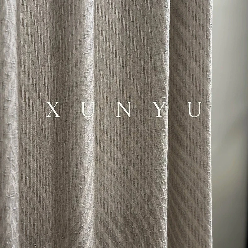New Linen Textured Custom Grey Vertical Stripe Jacquard Blackout Curtains for Living Room Bedroom French Window Finished Product