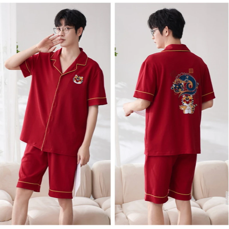 100kg Large Size Wedding Red Men Pajamas New Couple Sleepwear Summer Newlywed Cotton Spring Festive Home Wear Cartoon Loungewear