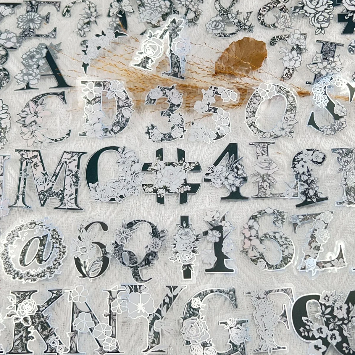 

50 Sheets of Silver Foil Floral Letter Stickers, Black and White Geometric Style, Flower and Bird Butterfly Patterns, Multi-Scene Decorative Stickers, Suitable for Journaling and Card Making