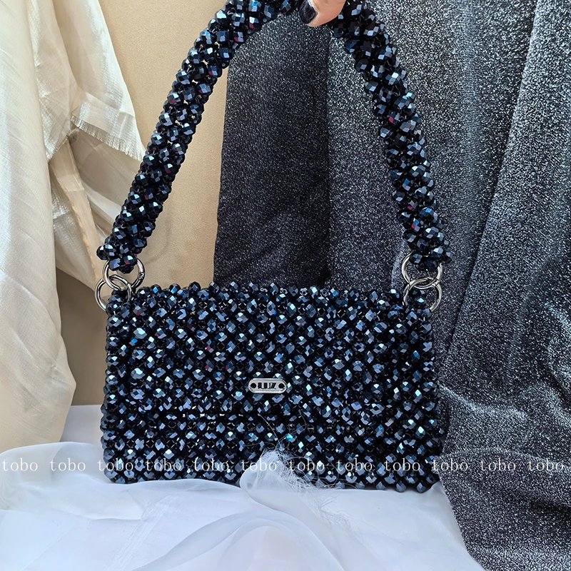 Black Crystal Bead Woven Cosmetic Bag for Makeup Evening Party Bags for Women Summer Casual Large Capacity Shoulder Bags