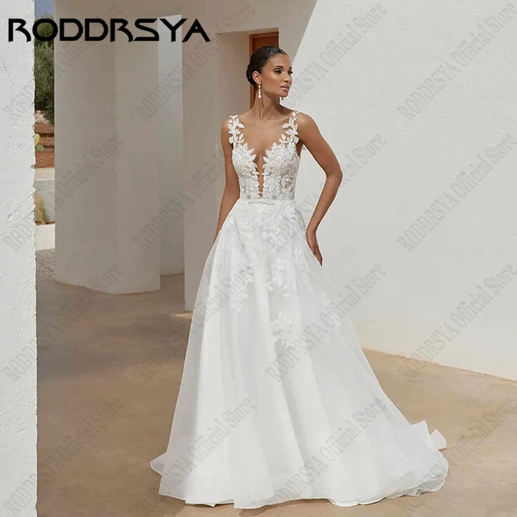 

RODDRSYA V-Neck Backless Wedding Dresses Spaghetti Straps A-Line Appliques Bride Gowns Sleeveless vestidos de novia Customized