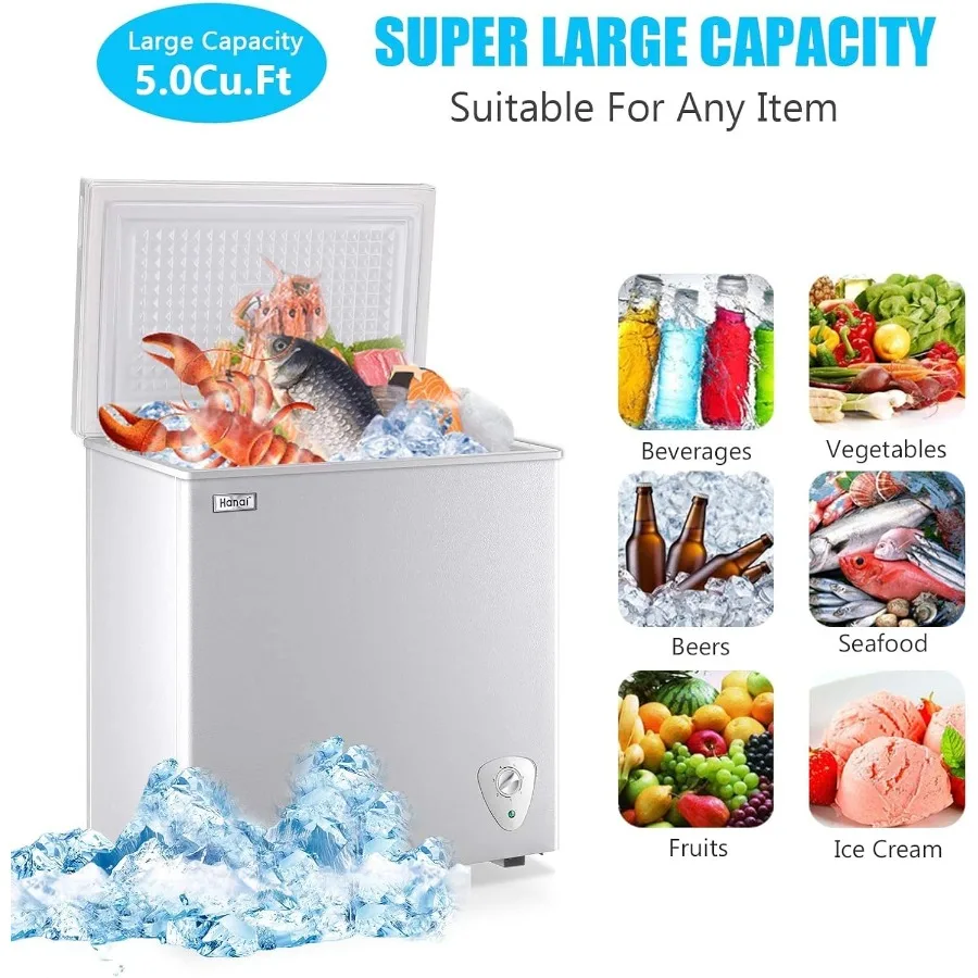 Congelador horizontal 5,0 pies cúbicos Congelador pequeño Mini congelador blanco con puerta superior con cesta extraíble Bajo nivel de ruido 7 temperaturas ajustables