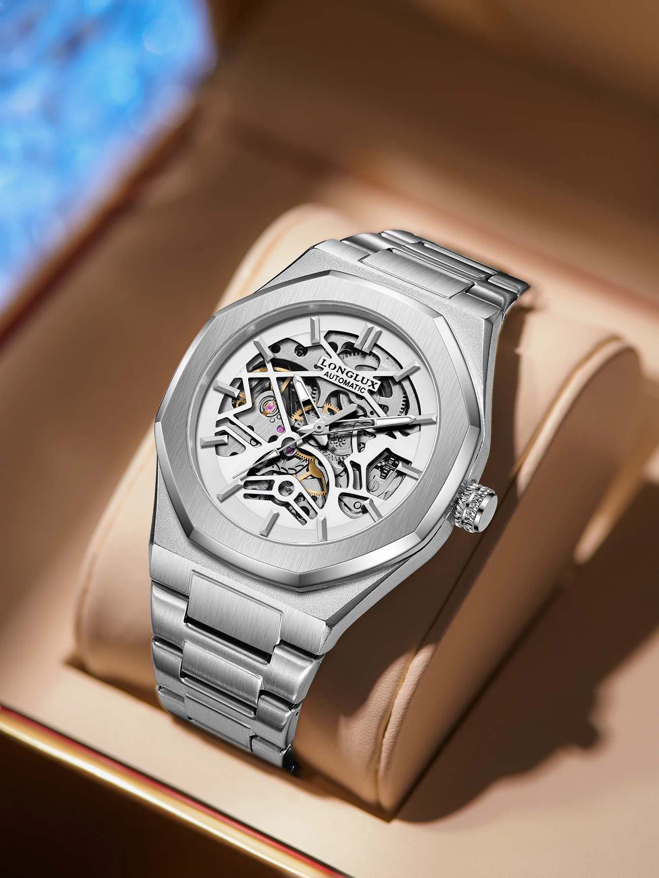 LONGLUX Herren Automatikuhr Spezielle Robuste Wasserdichte Skelett-Mechanikuhr Trendige Alien Edelstahl Geschenkuhr