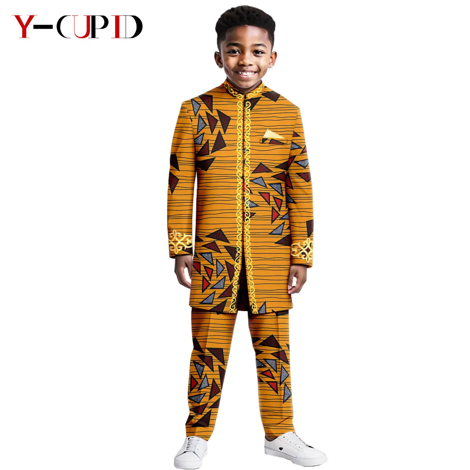 

African Clothes for Kids Bazin Riche Formal Appliques Suits Boys Party Outfits Dashiki Print Top and Pant Sets Outwear 2446010