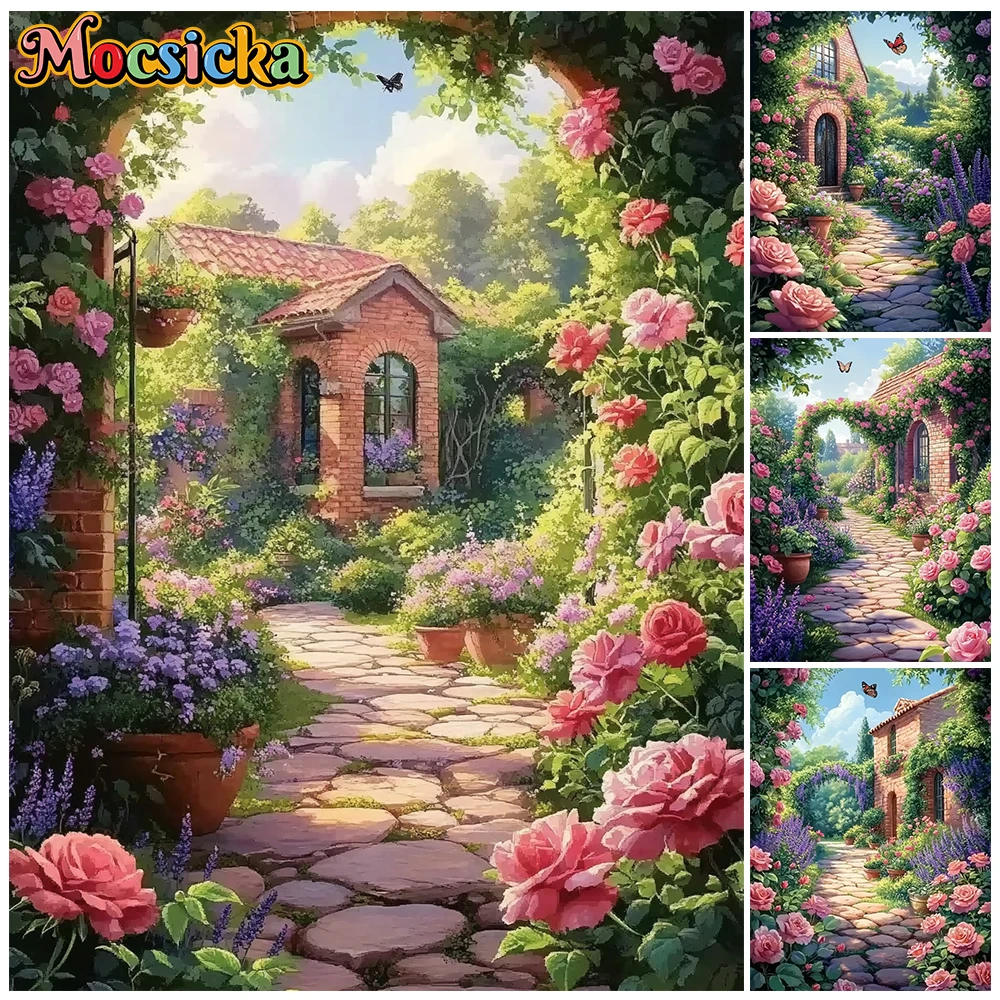 Mocsicka Garden Photography Backdrop Stone Path Blooming Rose Magical Cottage Background Wedding Bridal Shower Studio Photoshoot