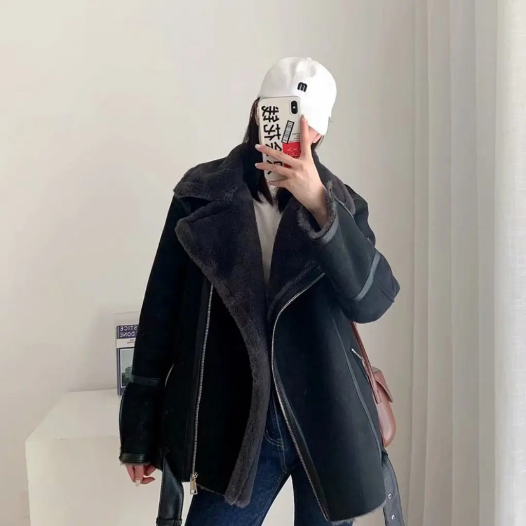 

Winter Women's Double-Sided Fur Suede Motorcycle Jacket All-In-One European American Style