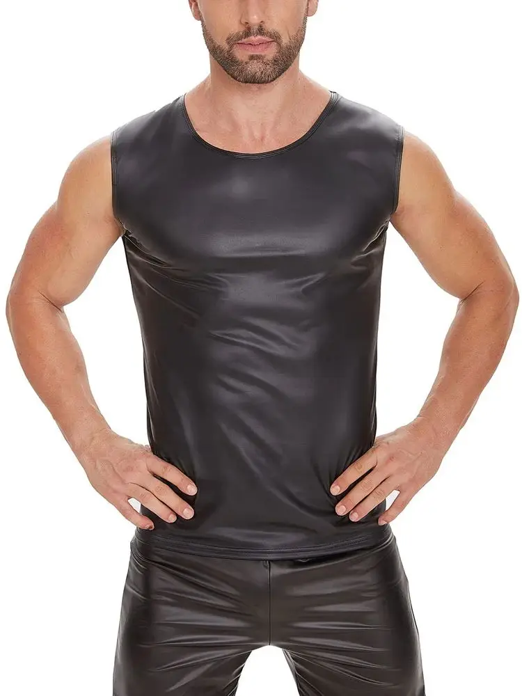 

S-5XL Sleeveless Matt Faux PU Leather Tank Top Men Fitness Gym Muscle Shirt Tight Bodybuilding Tanktop Hot Body Shaper Shapewear