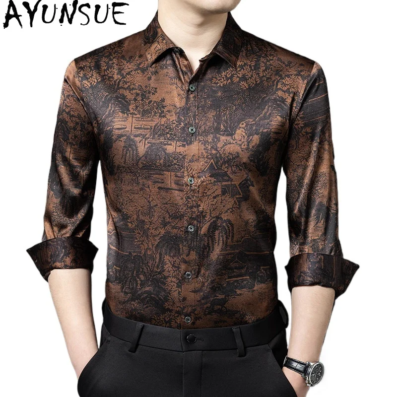 AYUNSUE 90.8% Natural Mulberry Silk Shirt Man Clothes 2026 Fashion Printed Long Sleeve Shirts Casual Thin Tops Men's Shirts New