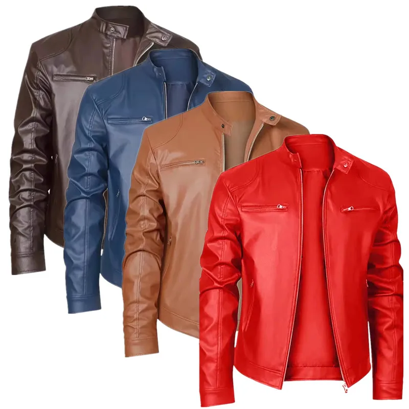 

Men's Fashion Stand Up Collar Motorcycle Imitation Leather Jacket in Black / Red / Blue , 2026 New Mens Daily Casual Coats