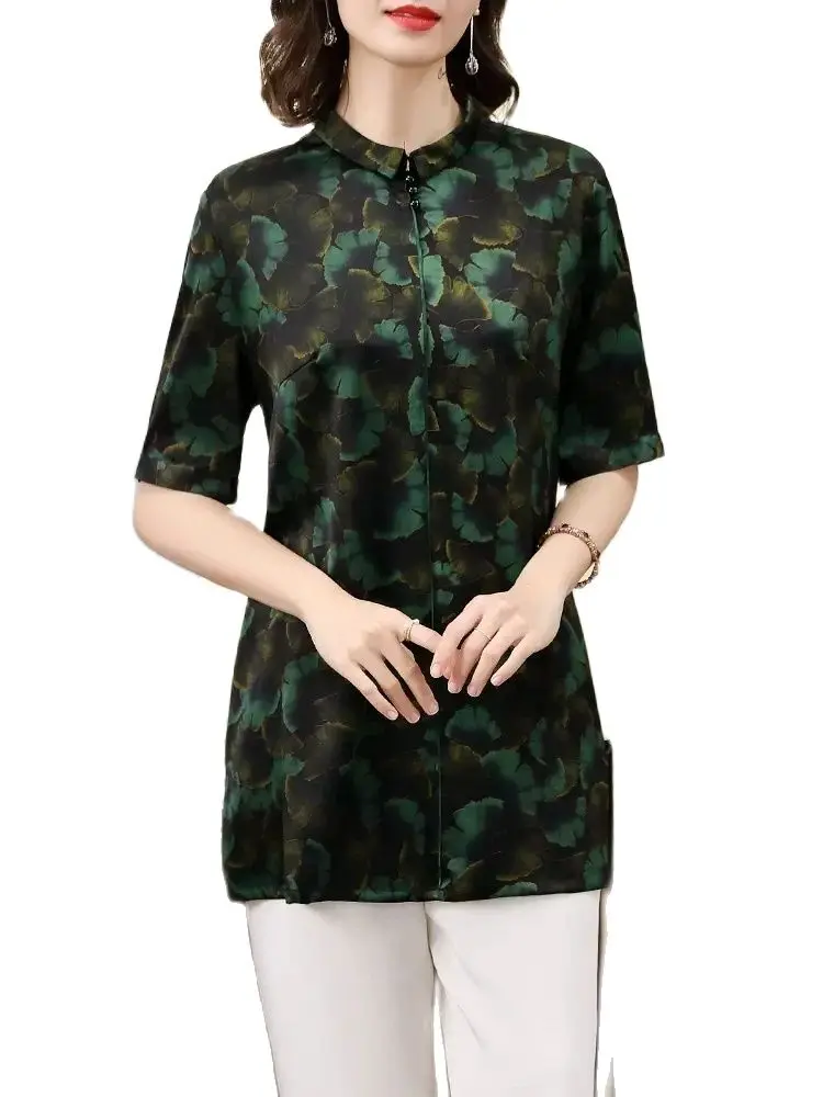 BirdTree 92%Real Silk Elegant Shirt For Women, Short Sleeve Stand, Vintage Printed OL Commute Blouse, 2024 Spring New T42289QC