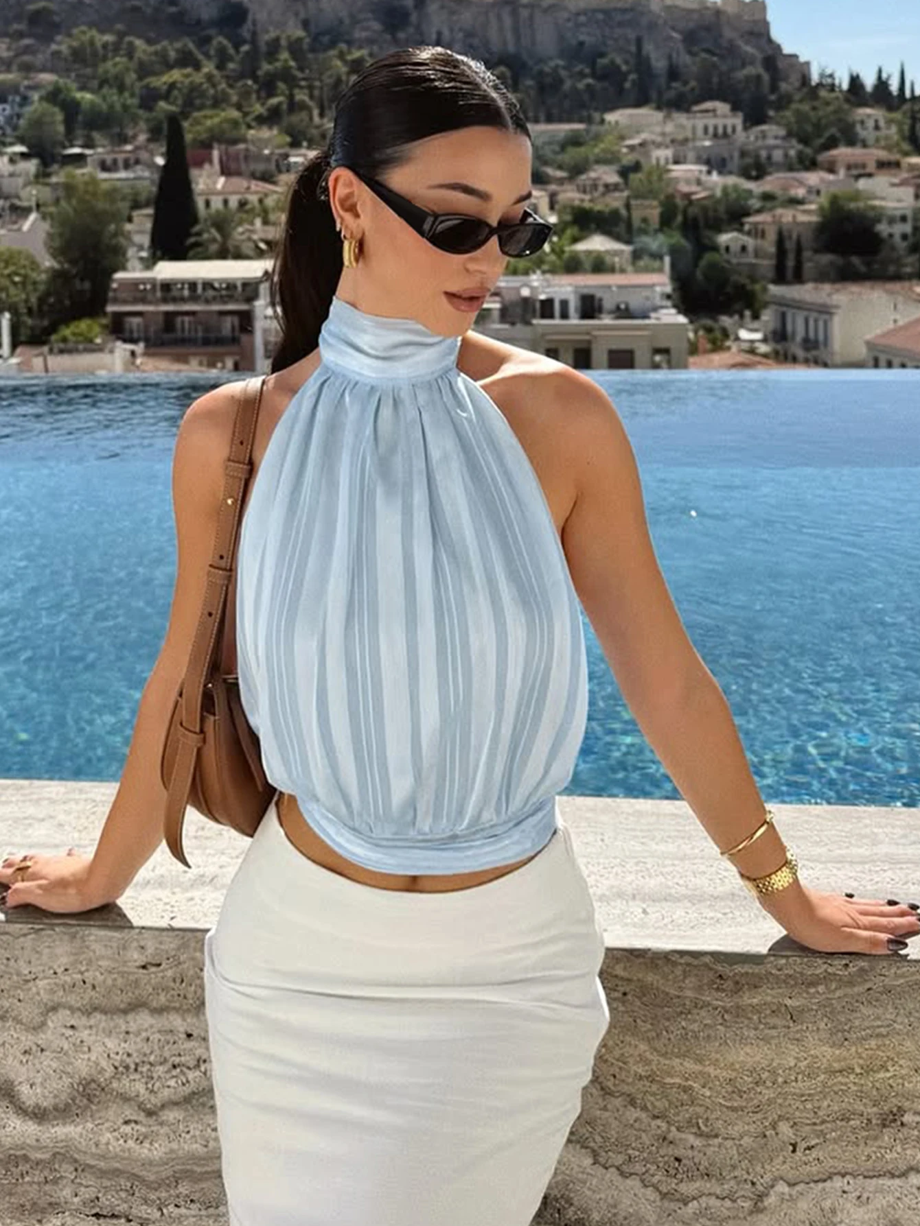 Hugcitar Turleneck Solid Sleeveless Ruched Backless Bandage Sexy Slim Crop Tank Top Summer Women Fashion Clothes Vacation Party