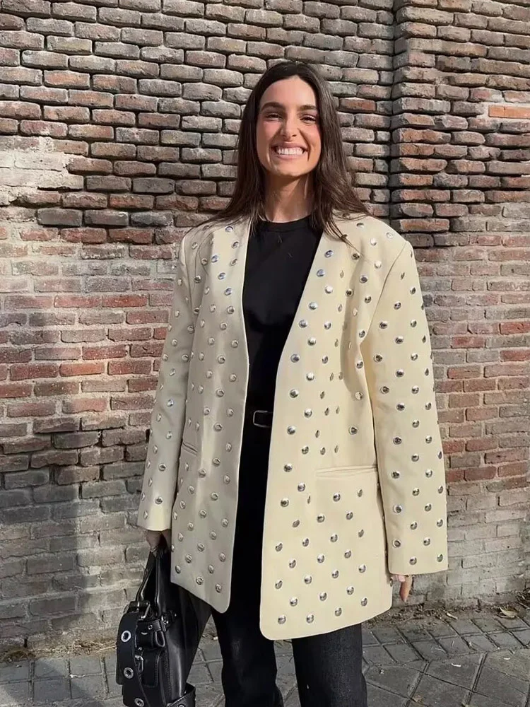 HH Women's 2025 Summer Temperature Rivet Decorative Casual Jacket Female V-neck No-button Sequin Suit Long Sleeve Jacket