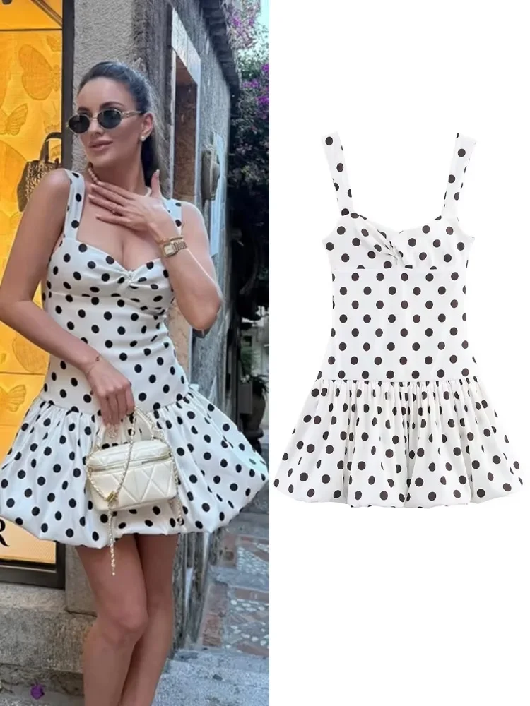 HH Women New Elegant Elastic Balloon Polka-dot Sleeveless Dress Summer Female High Waist Pleated Slim Backless Mini Dress