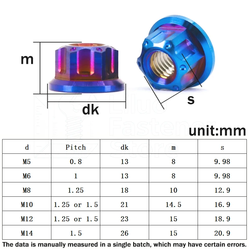 1pcs TC4 Titanium Nut M5 M6 M8 M10 M12 M14 Fancy Hex Hexagon Flange Nuts for Bike Motorcycle Rear Axle Titanium Fasteners