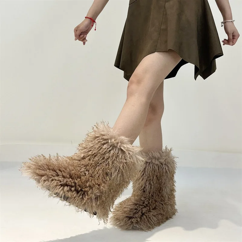 European and American New Mao Mao Boots Winter Medium Tube Casual Versatile Snow Boots Imitation Wool Fur Integrated Warmth