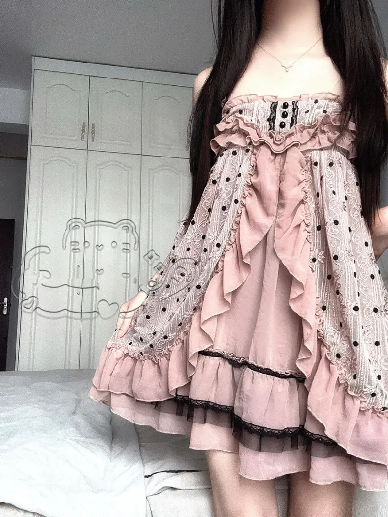 

Japanese Pink Dress Sweet Polka Dot Suspender Skirt Vestidos Elegantes Para Mujer Vintage Y2K Aesthetic Grunge Subcultural