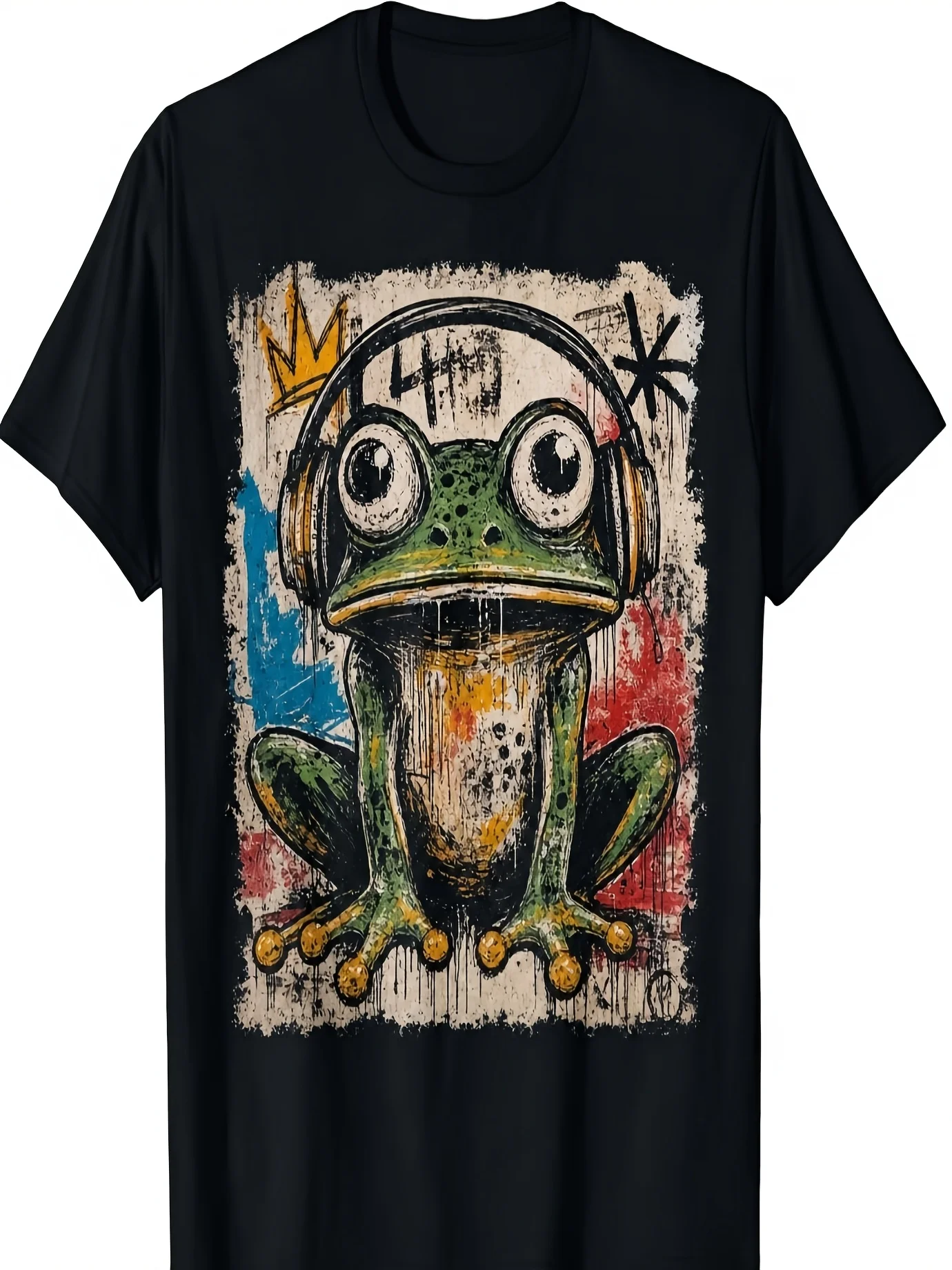 Male and Female Teenagers Retro Old DJ Frog Crown Earphones Music Lovers Pattern T-Shirt Casual Round Neck Black t shirt