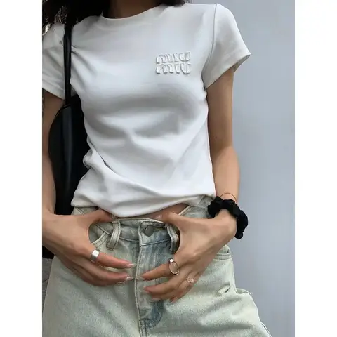 Crew Neck Short Sleeve T-Shirt Women Pure Cotton Embroidered Letter Slim Fit Summer Top round Shoulder Design Solid Color