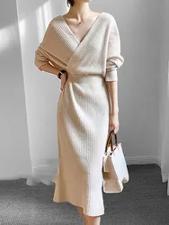 Autumn Winter Elegant Bodycon Sweater Dress Women V Neck Slim Knitted Pencil Long Dress Vestidos Robe Femme