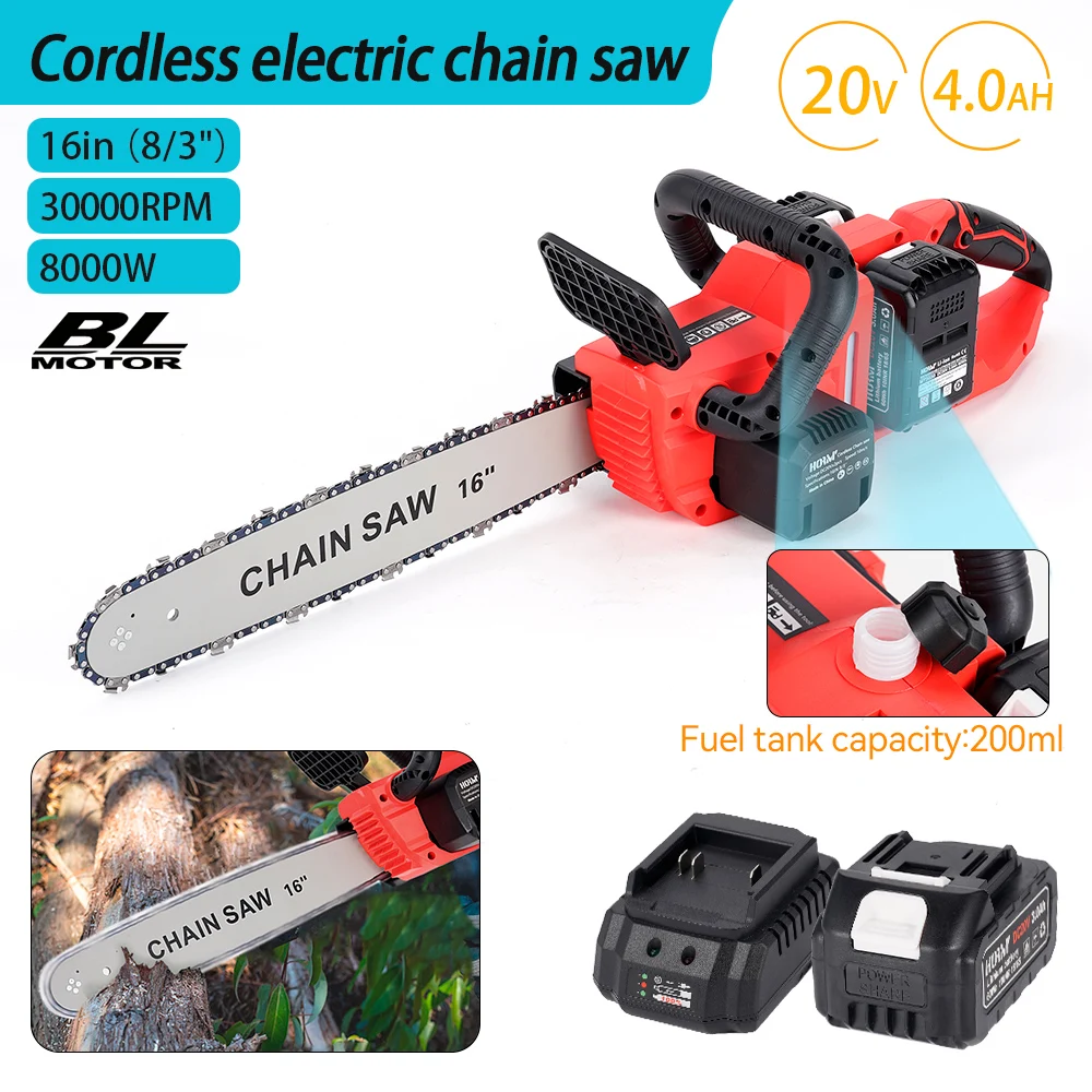 16 Inch Electric ChainSaw Set Cordless Brushless Wood Cutting Saw Portable Carpentry Power Tool with 2pcs 18V Makita Battery