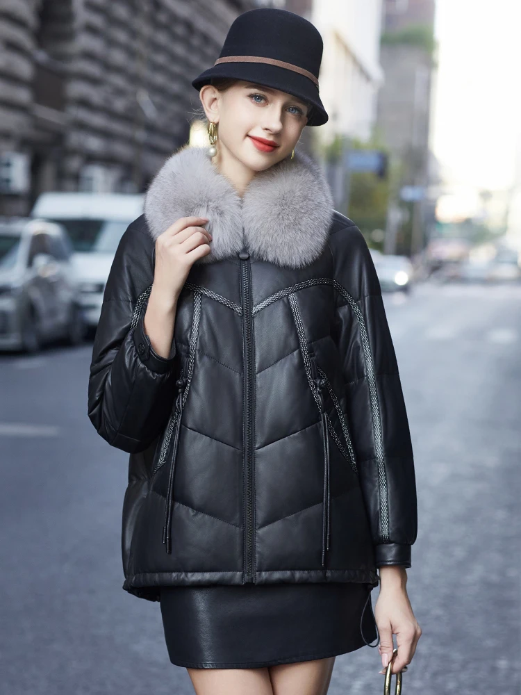 YOLANFAIRY Damska kurtka puchowa z prawdziwej skóry, kołnierz z futra lisa, krótki płaszcz z owczej skóry, gruba zimowa kurtka damska, ciepłe kurtki skórzane 2025