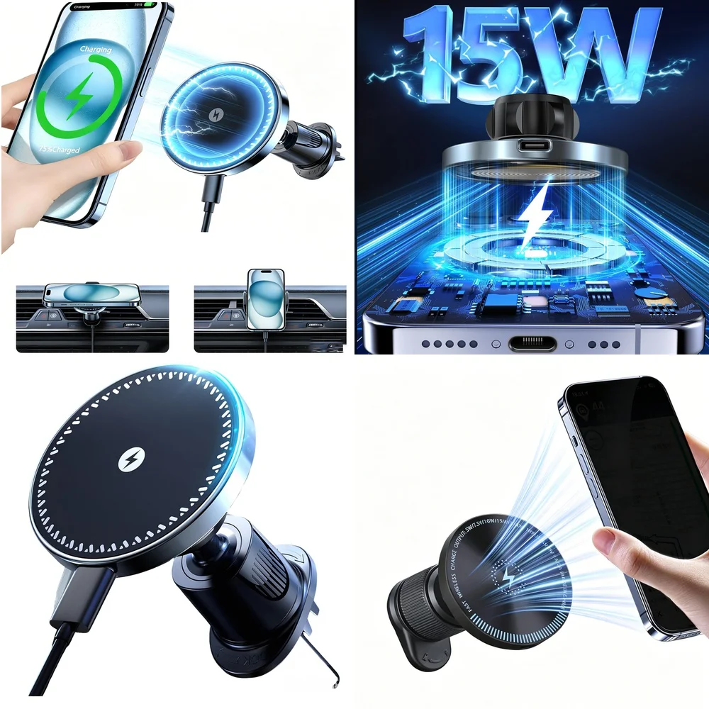2026 Popular Trend Consumer Electronics Magnetic Wireless Charger Air Vent Car Mount Phone Holder 15W Fast Chargers Adapters