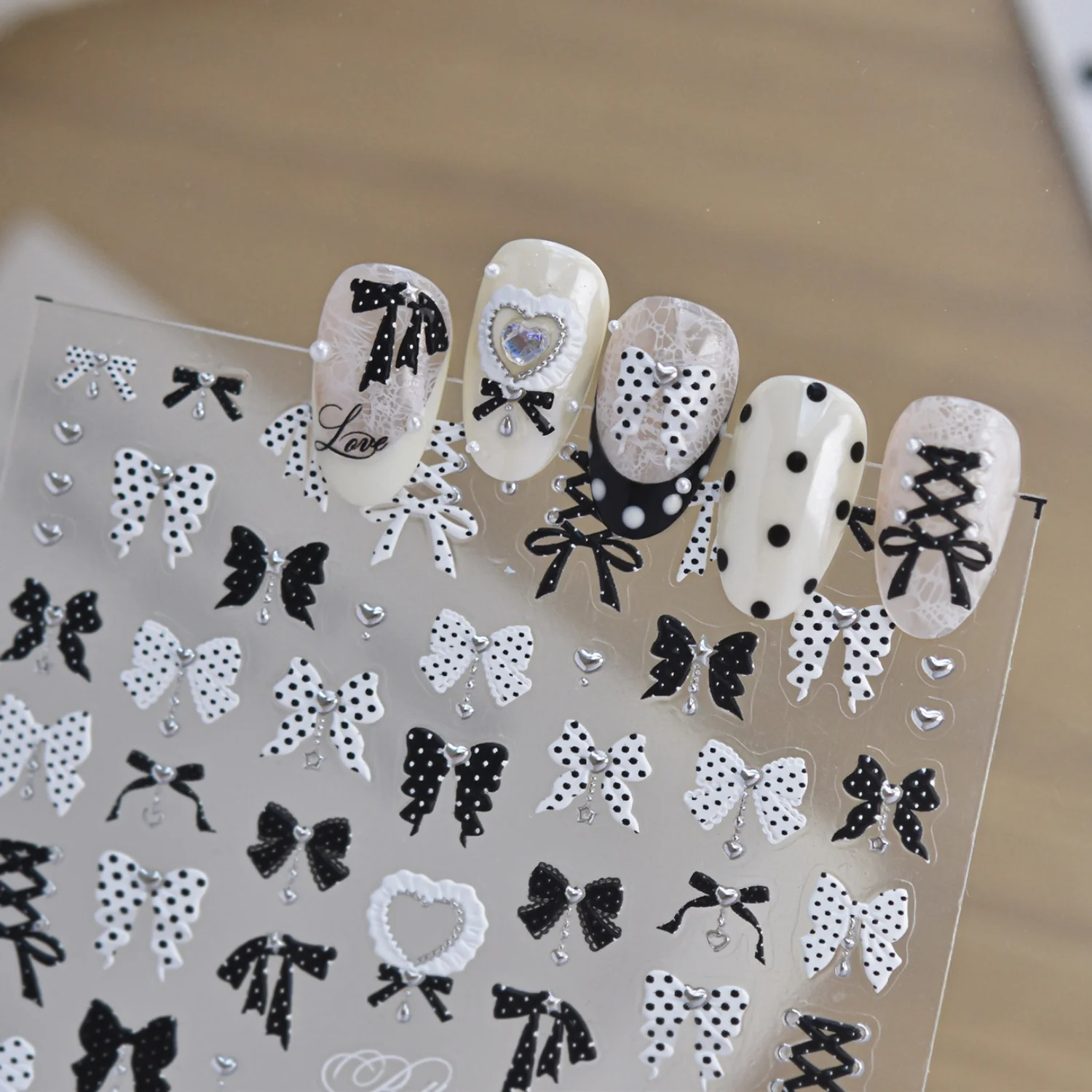 Cute Ballet 5D Decals Black White Polka Dot Ribbon Bow‑knot Dolka Love Self‑Adhesive Nail Stickers Sweet Nail Decor For Women