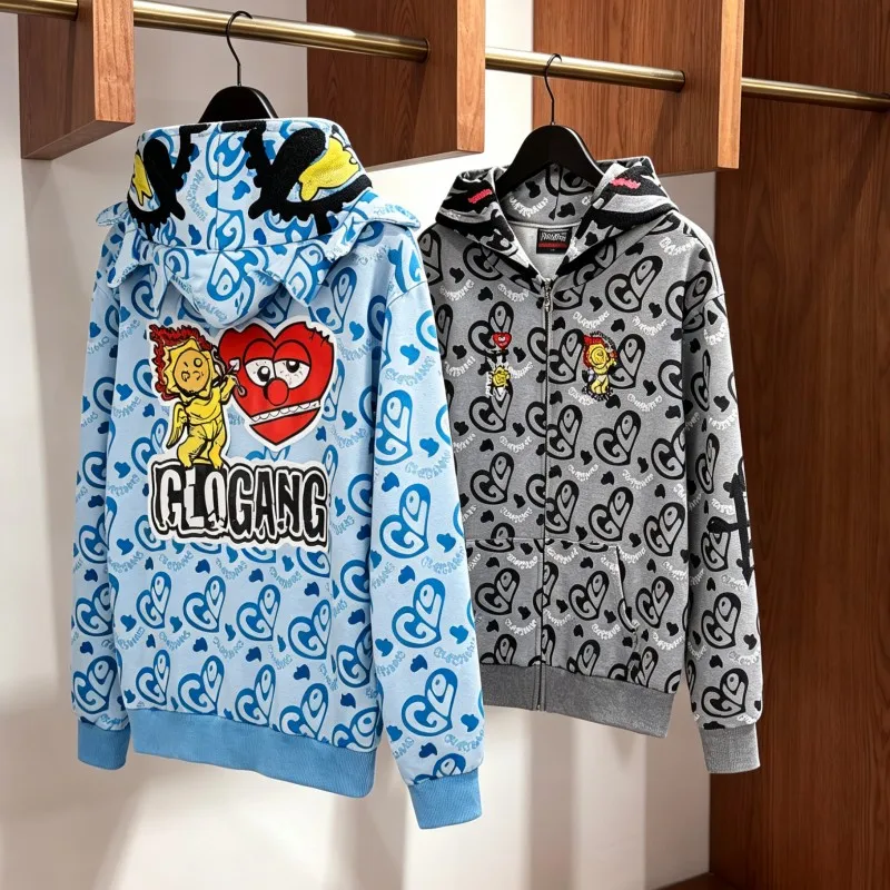 Full Printed GL Letter Splicing Heart Logo Sun Archery Angel Broken Love 2XL Glo Gang Jacket Men Women Zipper Hoodie Streetwear