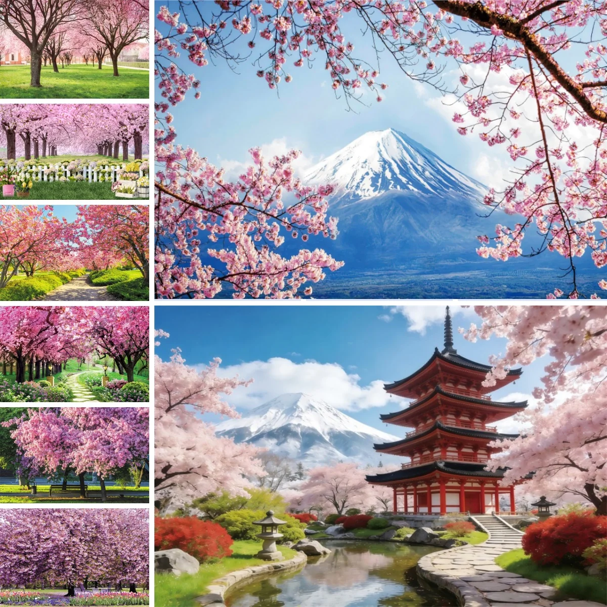 Toile de fond de photographie de forêt de cerisiers en fleurs du printemps, Japon, mont Fuji, scène naturelle, portrait de filles, fête de mariage, fond de photo