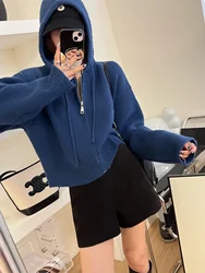 High Quality Hot Selling New Short Knitted Top Thickened Cropped Y2k Design Zipper Hooded Sweater Cardigan Jacket Women's Loose