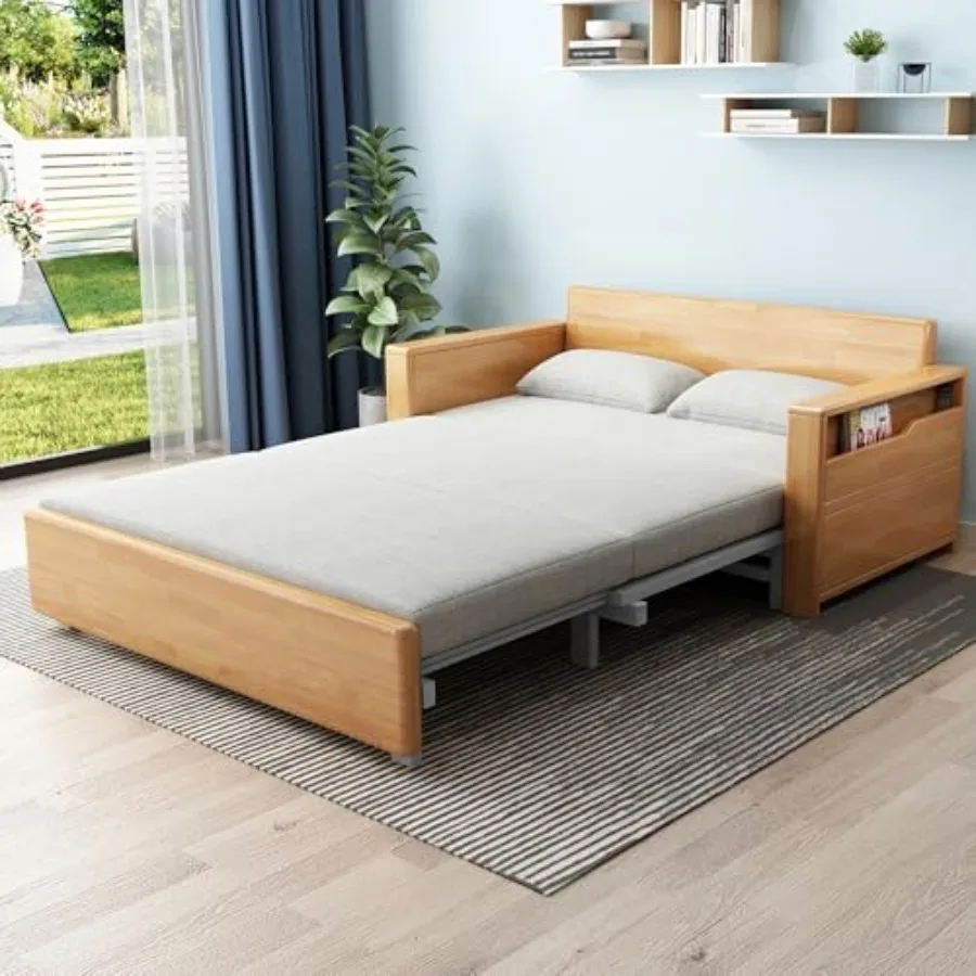 

59" Convertible Sofa Sleeper with Storage, Grey Cushion Sectional Sleeper Sofa with Reversible Chaise, Wood Log Color Bed 3in1