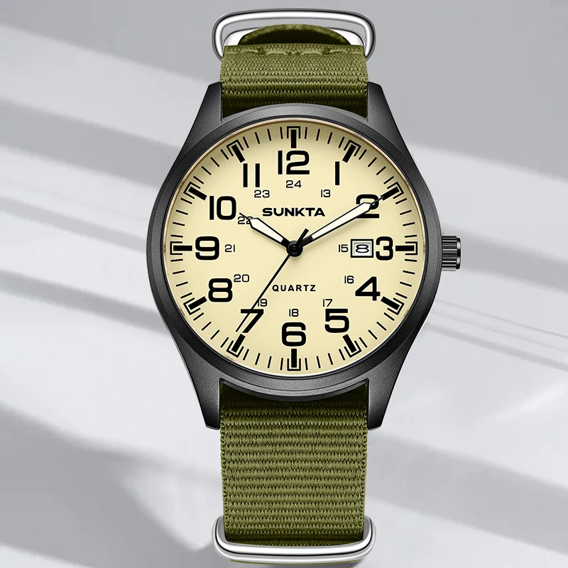 

Sunkta Outdoor Casual Sport Man Watch Auto Date Nylon Strap Fashion Simple Waterproof Luminous Clock Quartz Men's Wristwatch New