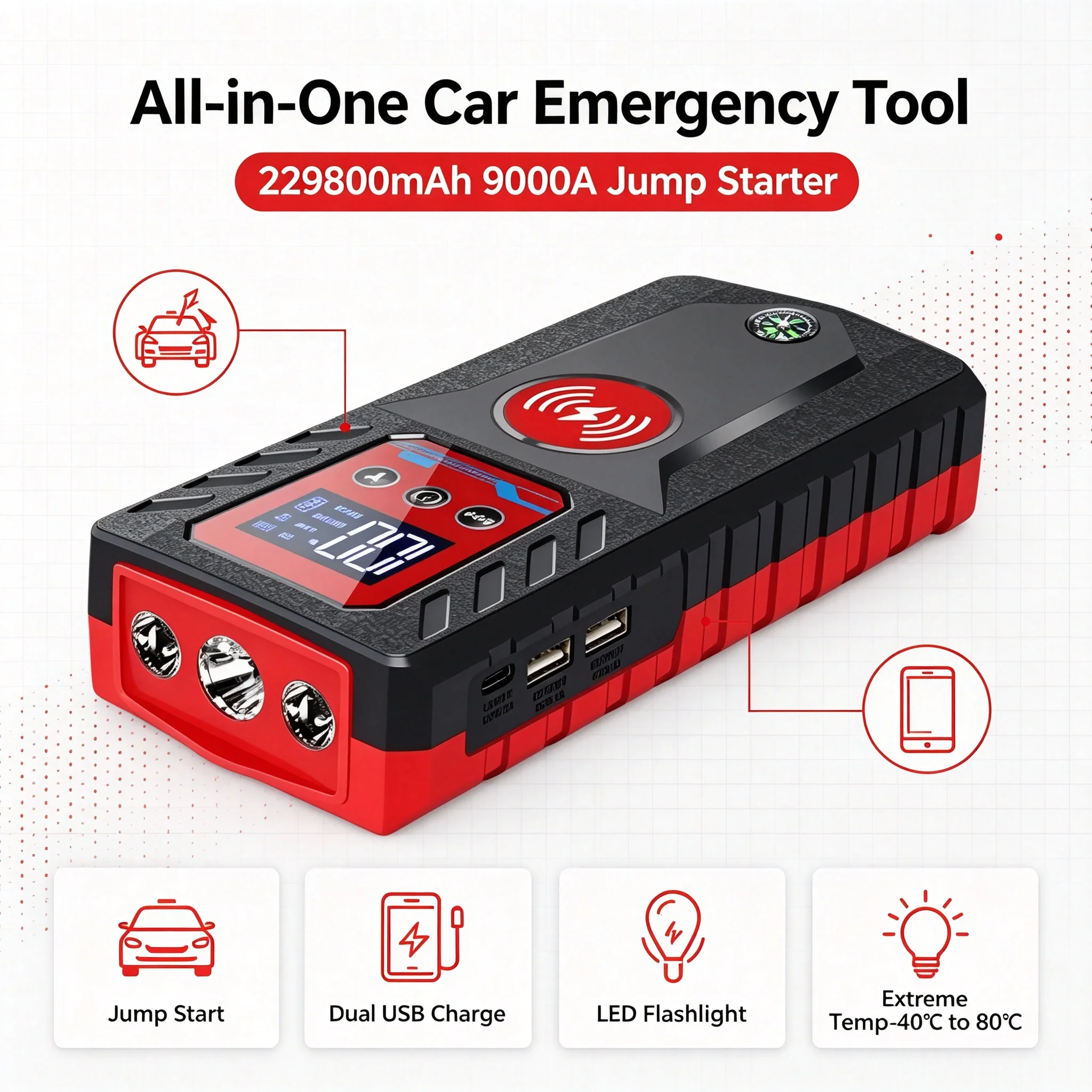 9000A Portable Jump Starter booster 12V High-power Automobile Emergency Starting device Power Supply Air compressor portable
