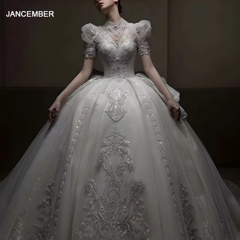 

Jancember Popular Design Princess Wedding Gown For Bride 2024 High Neck Puff Sleeves Beading Crystal Backless Vestido De Novia