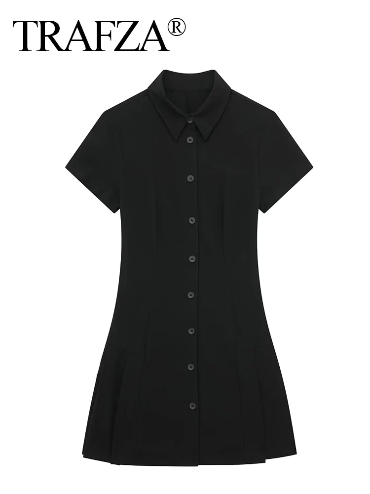 TRAFZA-Mini robe à boutonnage simple pour femme, col rabattu, manches courtes, style chemise, sexy, élégante, mince, nouvelle mode