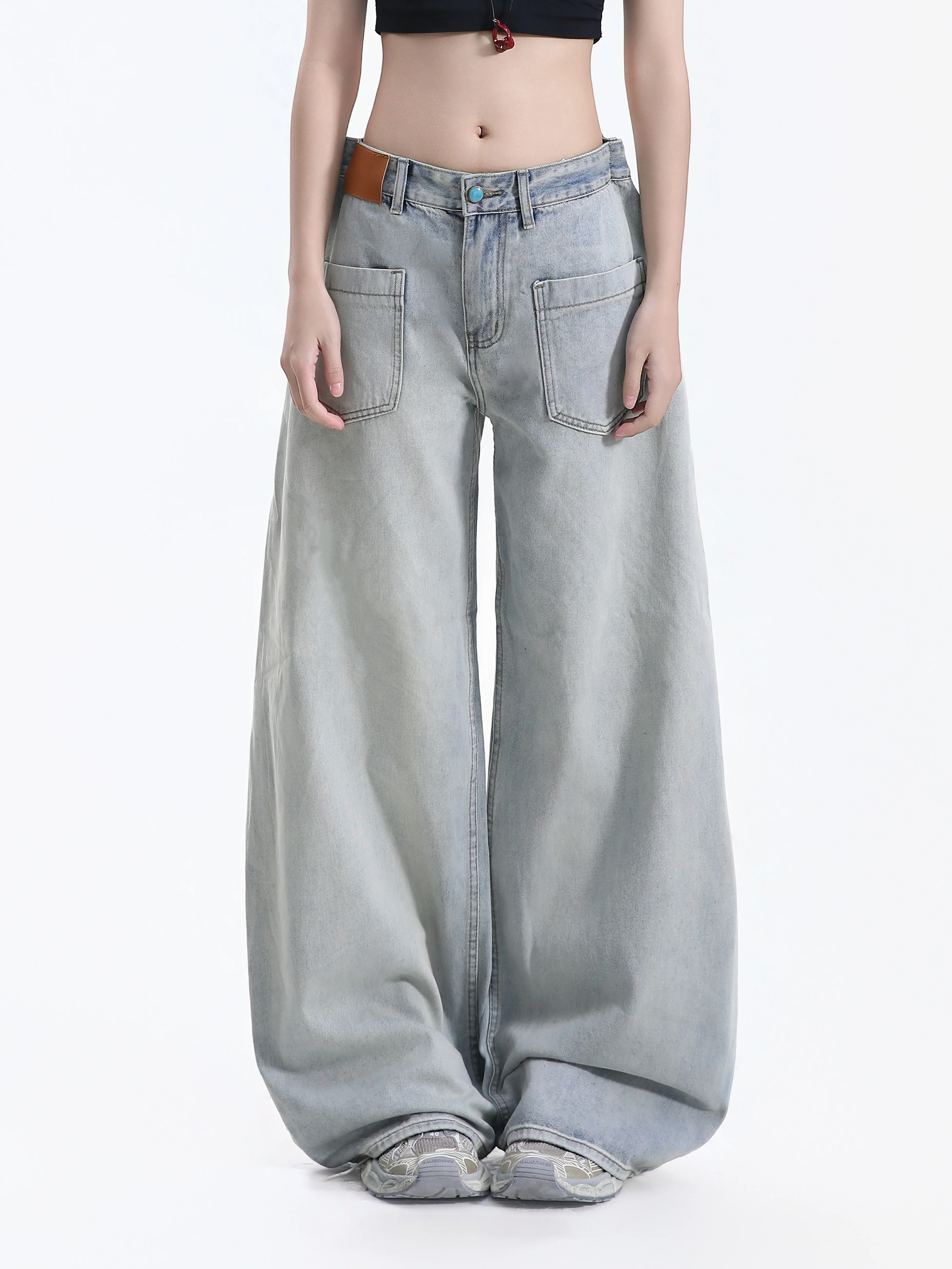 Washed American Style Wide Leg Jeans Women Loose Draped Floor-Length Couples Casual Versatile Long Pants Cotton Zipper