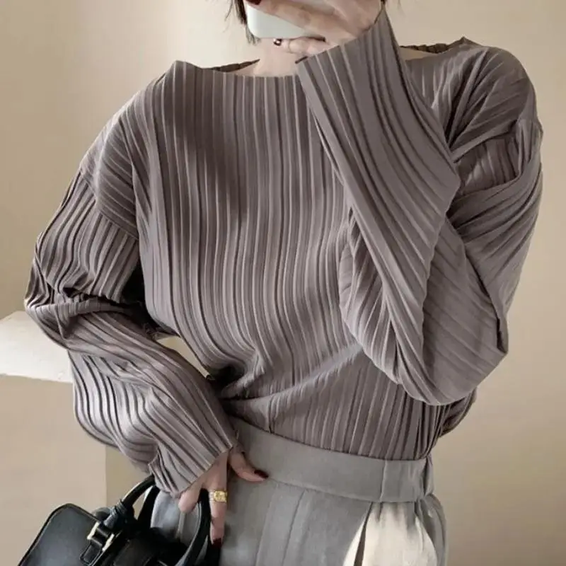 Fashion Woman Blouses 2023 Slash Neck Long Sleeve Spring Autumn Loose Office Lady Casual Solid Color Folds All-match Pullovers