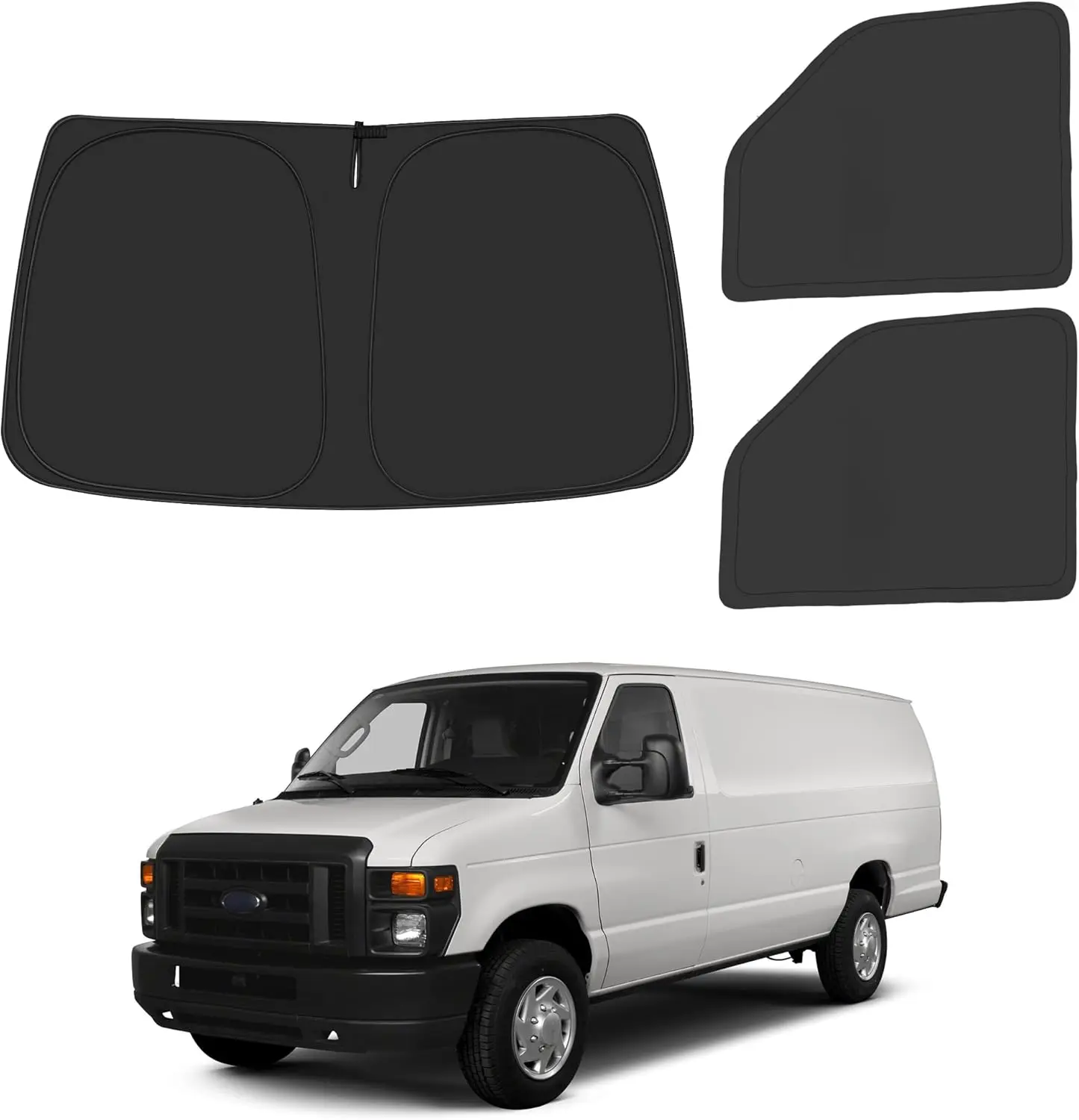 Sun Shade for Windshield and Side Windows - Foldable UV Blocking Car Sun Visor, Compatible with 1992-2025 E-Series E-150 E-250 E-350 E-450 Van Motorhome, Protects from Heat and Sun, 3 Pack