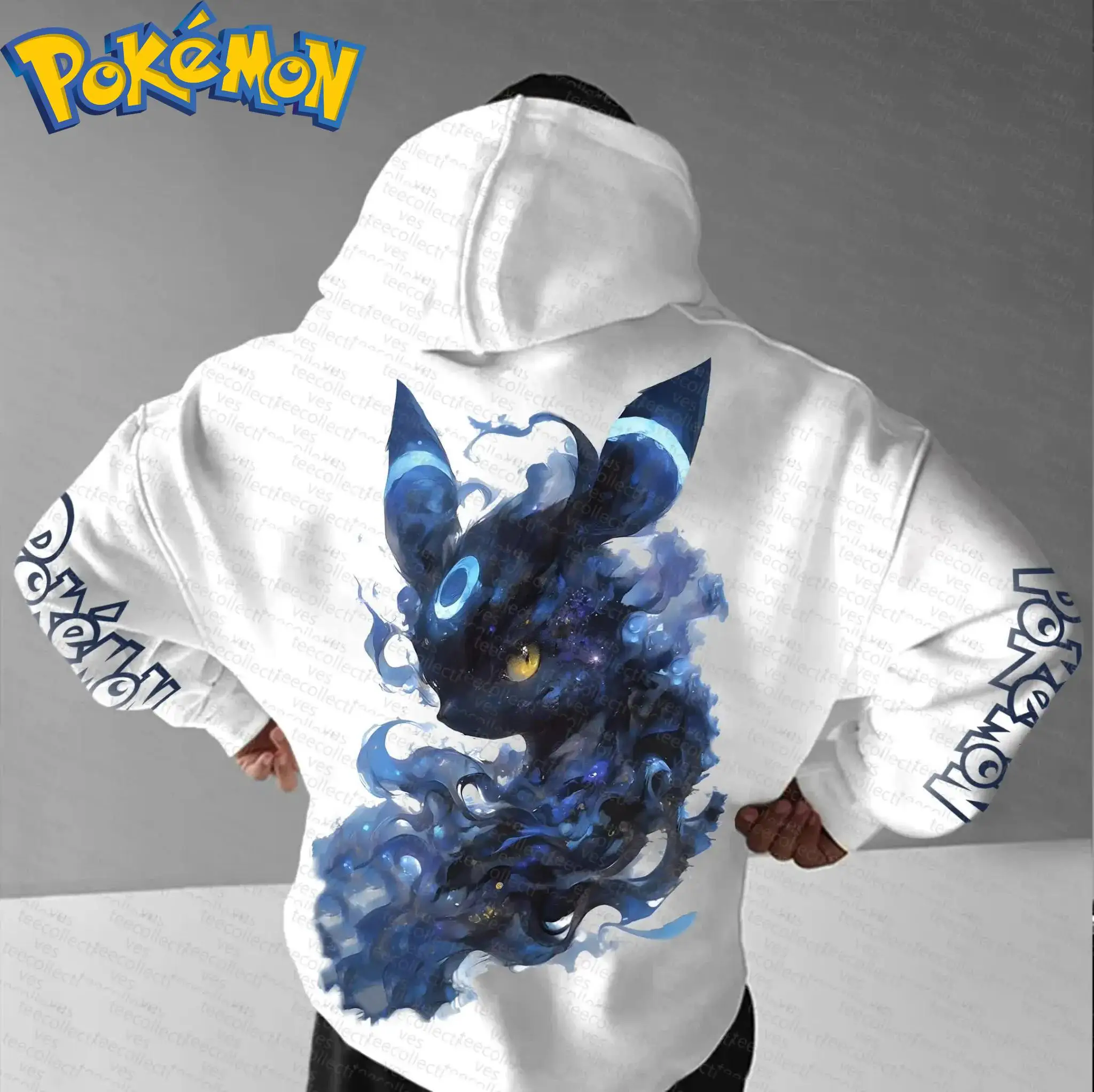 Pokemon anime algodão moletom com capuz harajuku calças conjunto branco personagem impressão com pele azul olhos amarelos estrela fumaça padrão duas peças