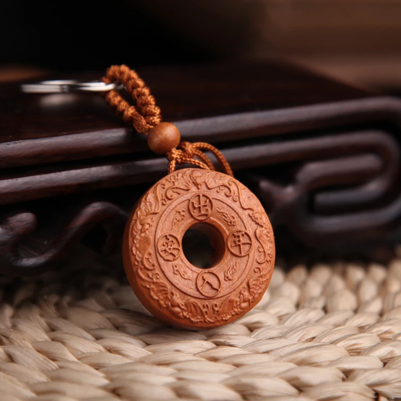 Ping An Buckle Peach Wood Keychain Stereoscopic Car Keychain Pendant, Ornament Sculpture, Small Gift, Feng Shui Decoration