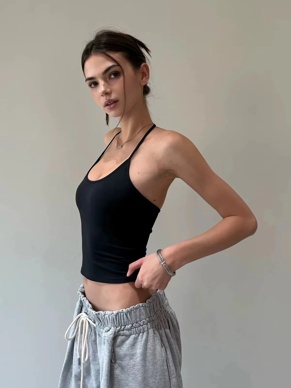 

Tank Women's Black Backless Stretchy Camisole Top with Thin Straps, Sporty Casual Sexy Halter Vest