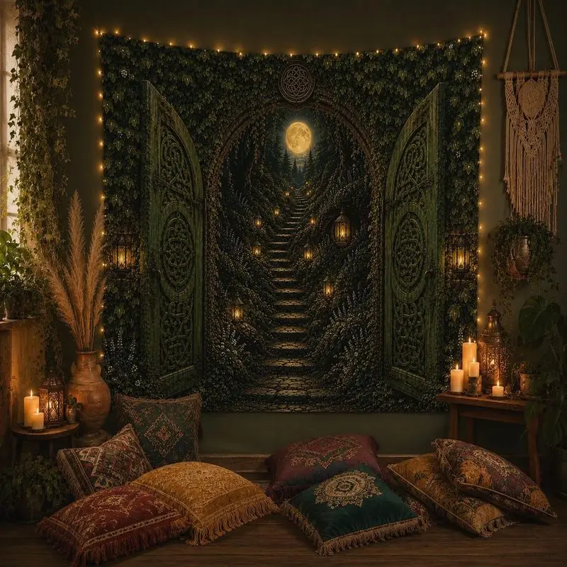 VIKAMA Fantasy Magic Gate Tapestry Mysterious Forest Moon Wall Hanging Bedroom Dormitory Living Room Home Decoration