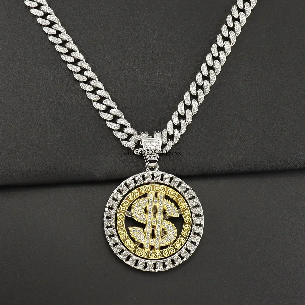 

New Style Men Women Hip Hop Iced Out Bling Rotatable Dollar Sign Pendant Necklace Miami Cuban Link Chain 2tone Color Jewelry