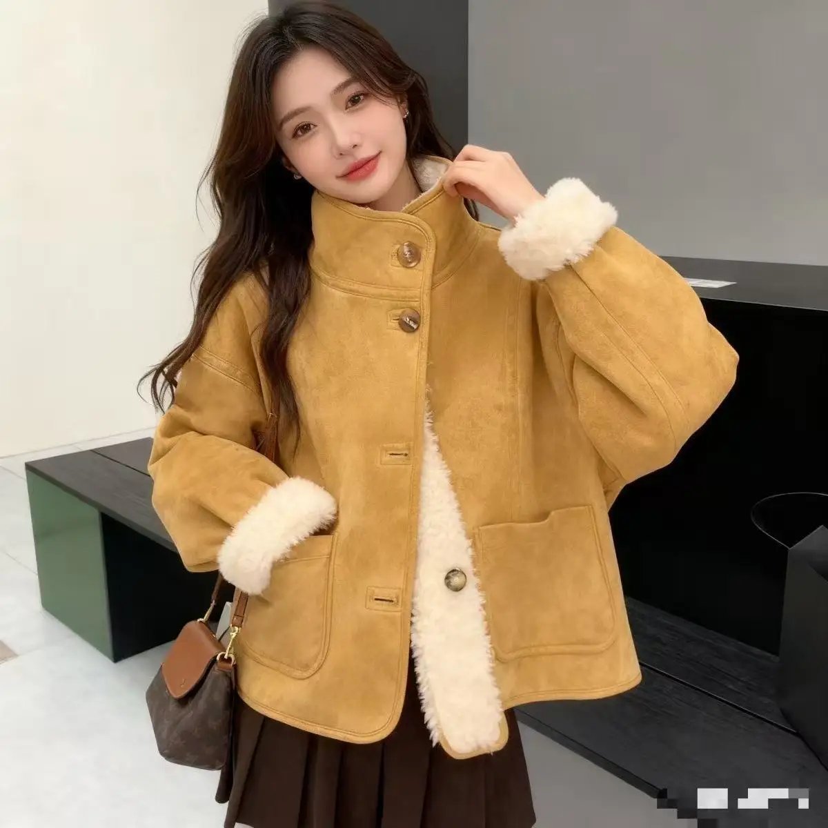 

American Retro Briti Sle Brown Fur Collar Woolen Coat Autumn Winter Loose Thi Warm Cold Resistant Tweed Coat Women's Fa...