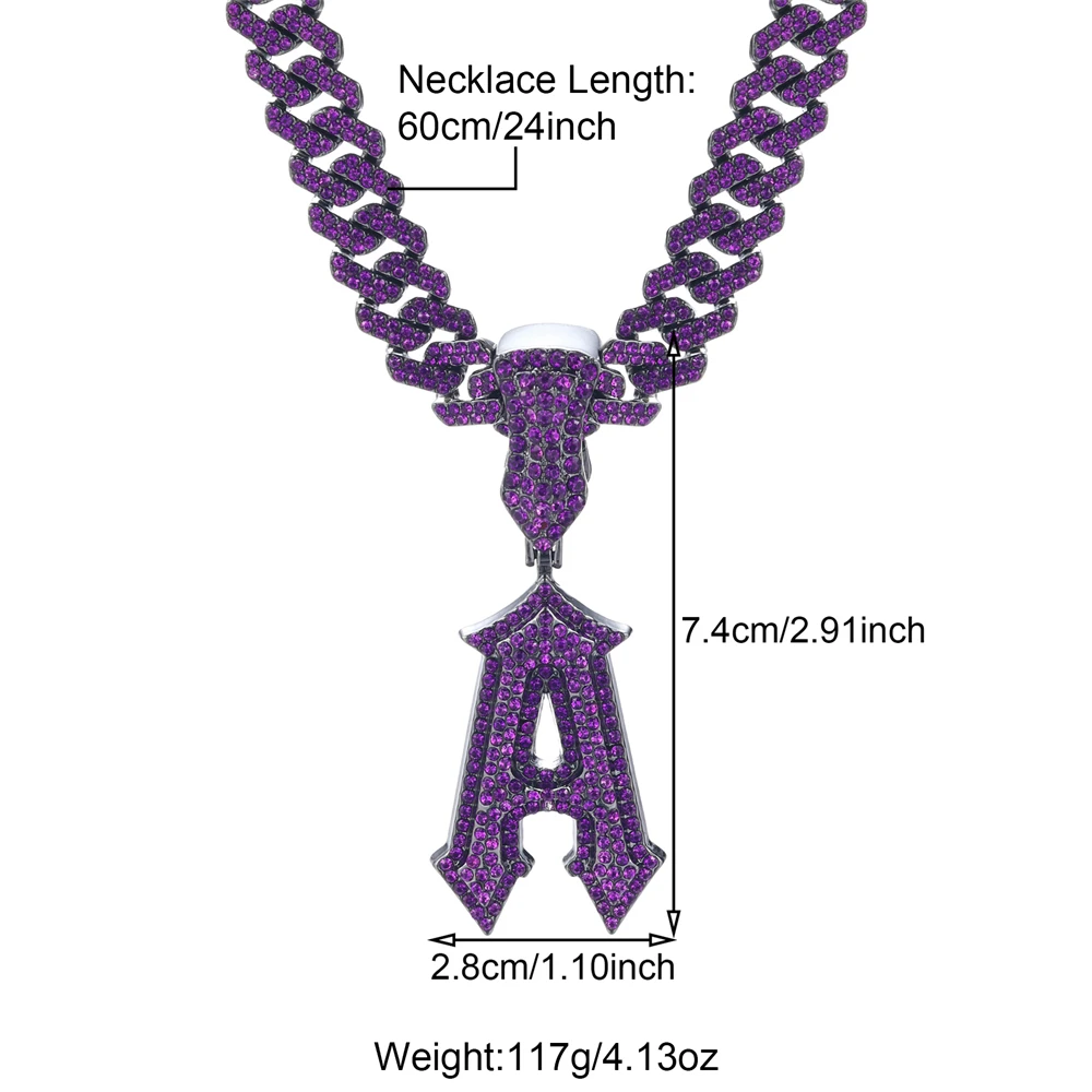 Hip Hop Full 12MM Purple Iced Out Letters Necklaces  Iced Out Cross Sword Letters Necklace & Pendant For Men Women Jewelry