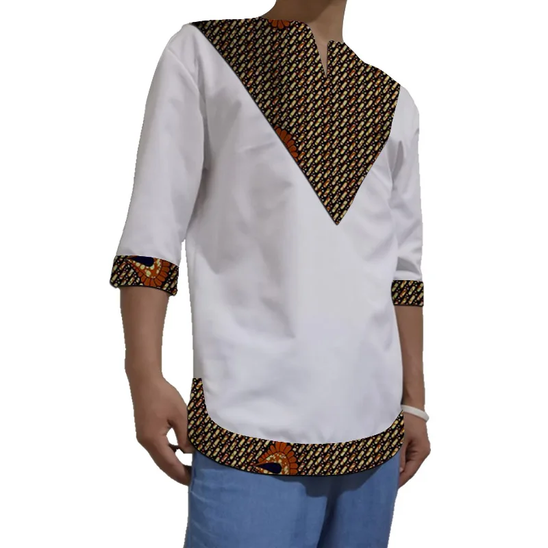 

Nigerian Fashion Patchwork Men's V-neck Shirt White Half Sleeve Tops African Dashiki Original Design Party Wear