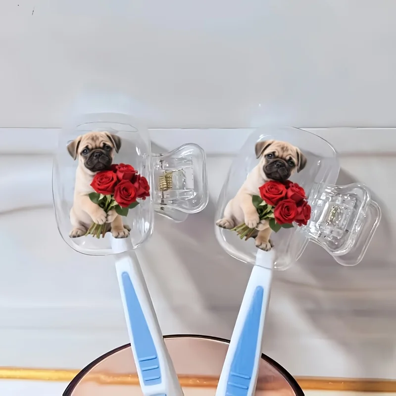 2pcs Pug Dog Holding a Bouquet of Roses Dustproof Toothbrush Box with Ventilation Holes to Keep Brush Heads Clean And Dry
