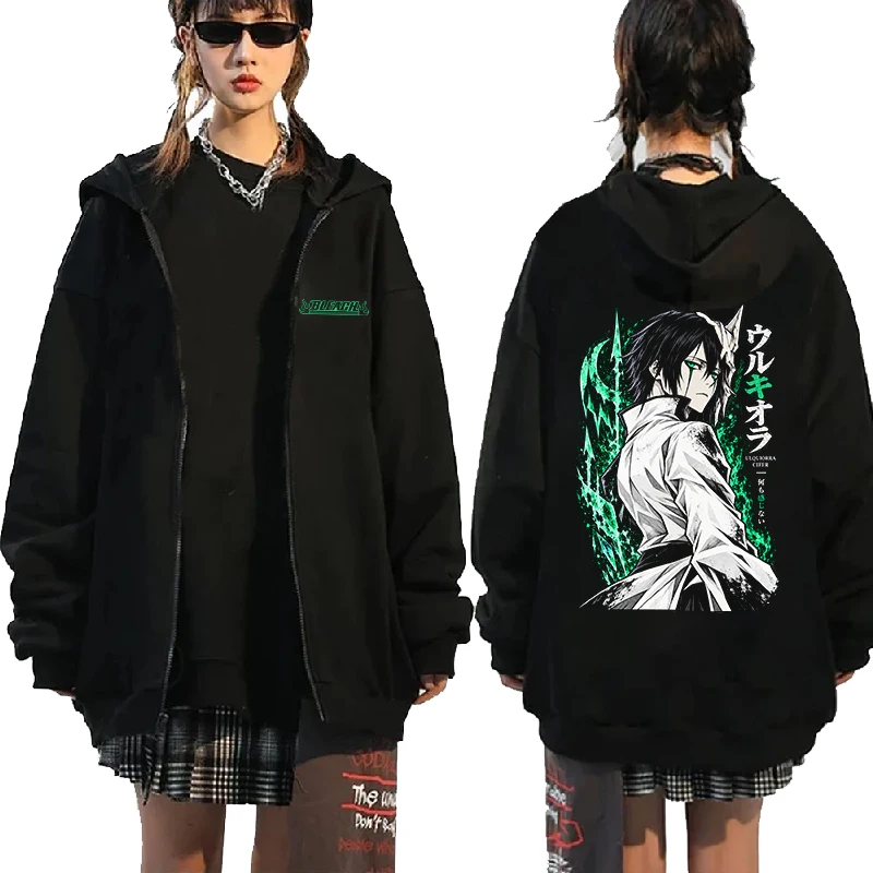 BLEACH Ulquiorra Zip Up Hoodie Anime Manga Green Energy Splash Print Loose Zipper Sweatshirt Men Women Long Sleeve Hooded Coats