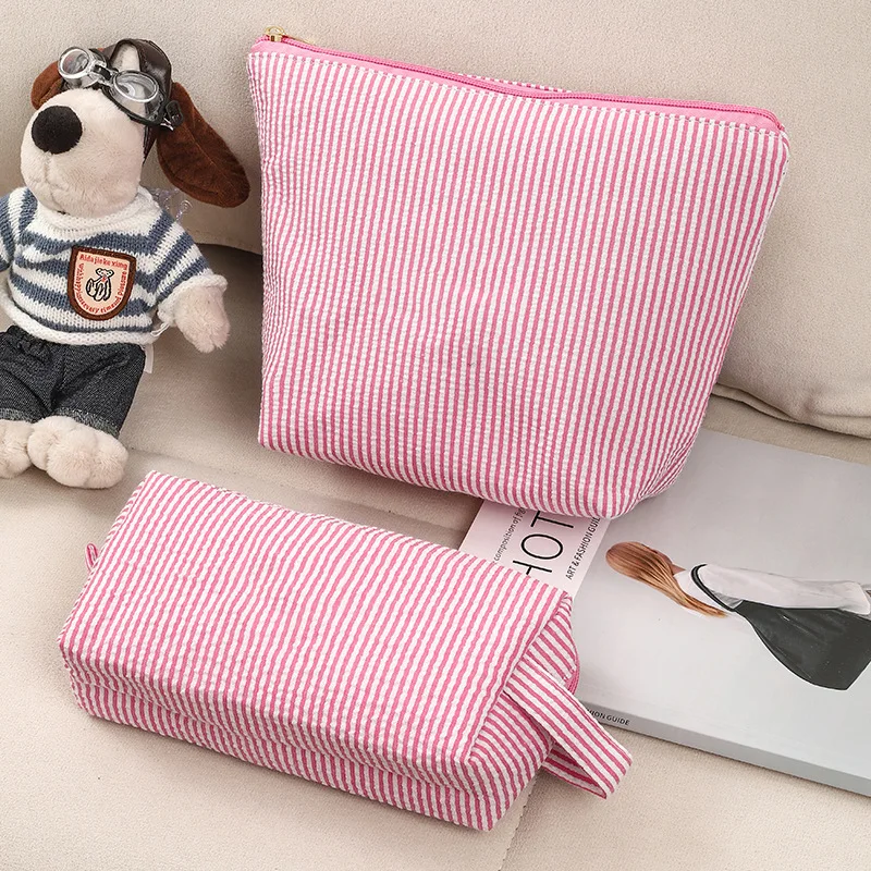 

2 Pcs Set Women's Cosmetic Bags Large Capacity Ladies Stripe Toiletry Bag Makeup Case Travel Female Storage Handbag Clutch Purse